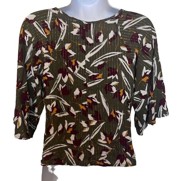 Zinzane Small Green Purple Floral Silver Metallic Stripe V Neck Crop Top Blouse - Picture 3 of 8